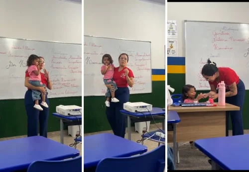 Professora segura filha de aluna no colo durante aula e gesto viraliza na web