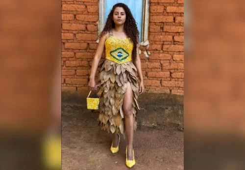 Influencer do TO cria vestido com milho para Copa e ganha elogio de Glória Pires